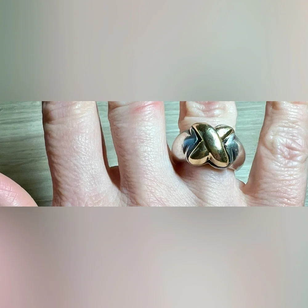 Vintage Designer Hallmarked 950 Silver & 18K Gold Puffy X Band Ring, Size 7